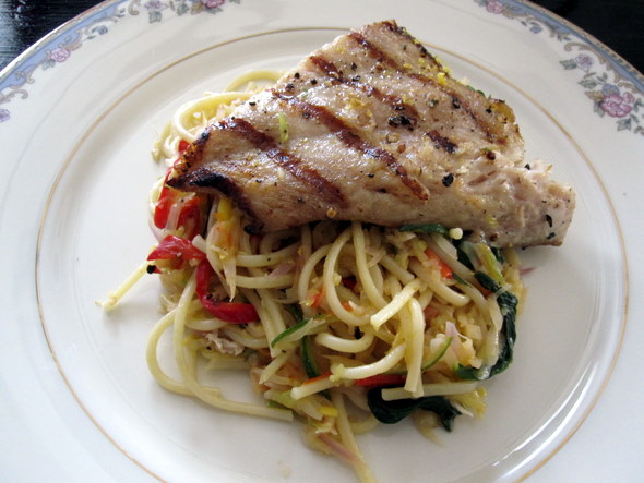 Grilled Shark Steaks Over Pasta With Spring Vegetables Chad Chandler